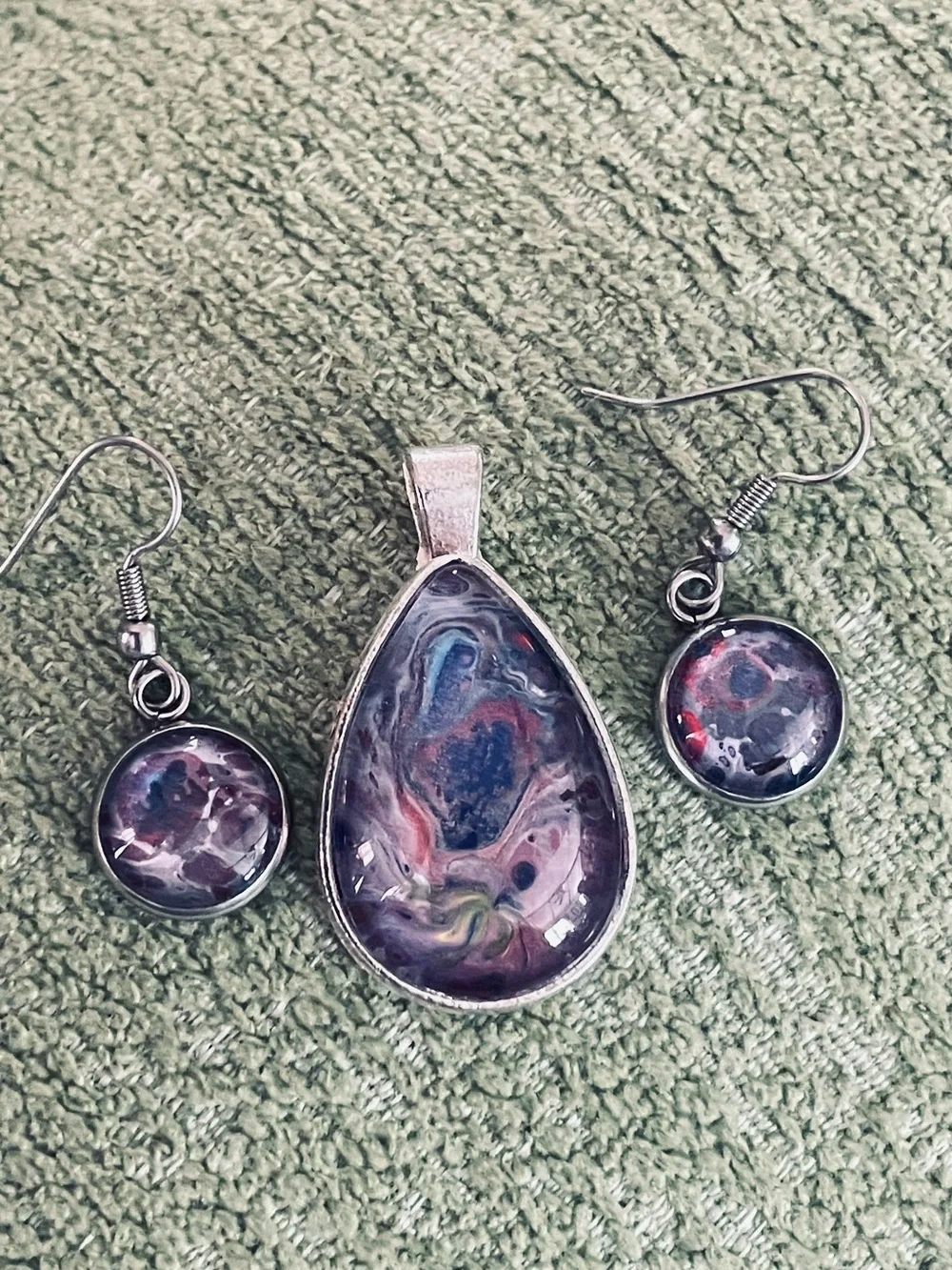 Handcrafted Teardrop Pendant & Earrings Set in Purple and Multicolor by me.